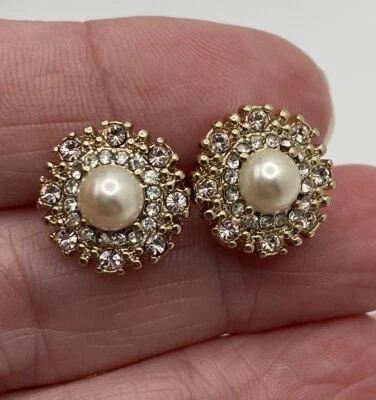 MARCHESA (Italian) Gold Cubic Zirconia & Imitation Pearl Button Earrings New