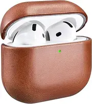 AirPods 4 Leather Case, ICARER Genuine Leather AirPod 4 Case Support Wireless Chargin, MagSafe and Led Light for Apple AirPods 4 (2024) (Brown)