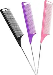 Rat Tail Combs Set: 3Pcs Long Steel Pin Teasing Combs for Salon Hair Stylists, Metal Parting Combs for Women (Purple, Black, Pink)