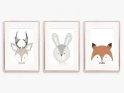 3 x A4 Nursery/Baby Wall Prints Boy Girl Deer Fox Rabbit Baby Shower Gift