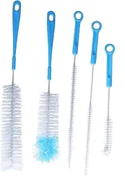 5 Piece Long Handle Bottle Brush Set, Steel Wire Plastic Non Scratch Bristles for Narrow Neck Bottles Coffee Grinder Straws Kettle Spouts (Blue)