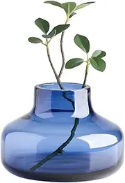 Torre & Tagus Solid Color Round Art Glass Vase for Flowers - 4" Tall Unique Flower Vase, Clear Handmade Bottle Vase for Modern Home Decor, Bud Vase as Decorative Shelf Decor or Wedding Gift, Blue