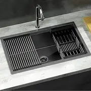 Cefito Kitchen Stainless Steel Sink, 70 x 45cm Single Bowl Basin Sinks Handmade, Home Laundry, Heavy Duty with Strainer Drain Part Basket Rack Under Top Mount Modern Design Black