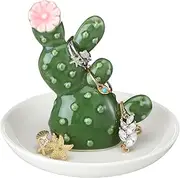 Teenyyou Ceramic Cactus Ring Holder Decorative Jewelry Tray Flowering Cactus Ring Holder White Ring Dish for Jewelry Western Gifts for Women Birthday Valentines Gifts Home Tropical Decor