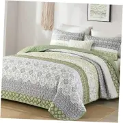 Boho Quilt Set King Size,Olive Green Bohemian Striped Patchwork Bedspread