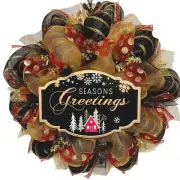 Seasons Greetings Black and Gold Handmade Deco Mesh Wreath