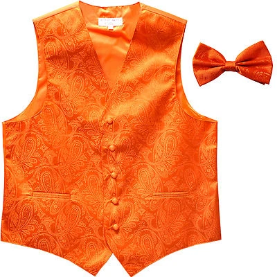 New formal men's tuxedo waistcoast vest_bowtie Orange Paisley wedding party prom