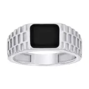 925 Sterling Silver Mens Groove Black Enameled Square Pinky Ring | Sizes 7 to 12