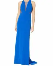 $300 Adrianna Papell Women's Blue Lola Crossback Jersey Halter Gown Dress Size 4
