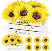 Sunflower Tiered Tray Decor Mini Wooden Crate Rustic Farmhouse Wood Box with Decorative 8 Artificial Sunflowers with LED Light and Raffia for Summer Home Party Decor Table Centerpiece