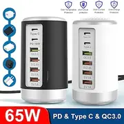 6 Port Desktop Charger, 65W USB Hub Charging Station (3 x USBType CQC3.0PD 18W), Multi-Port Charger Hub Desktop Charging Station, Fast Wall Charger Compatible