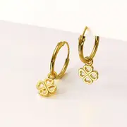 Solid 925 Signature Silver Clover Hearts Dangle Hoop Earrings In Gold