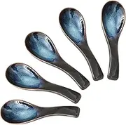 HUTNUOY Japanese Ramen Soup Spoons Asian Blue Ceramic Soup Spoon for Pho Dessert Noodle 5 Pcs