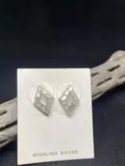 Native American Zuni inlay pink mussel shell Diamond Sterling Silver Earrings