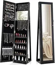 Giantex 2-in-1 Standing Jewelry Armoire w/Higher Full Length Mirror, Lockable Jewelry Cabinet Organizer w/Large Storage Capacity, Inside Makeup Mirror, Stable Base, Easy Assembly (Black)