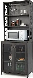 LOKO Kitchen Hutch Storage Cabinet, Farmhouse Pantry Storage Cabinet with Stemware Rack, Microwave Countertop & Tempered Glass Doors, 67.5" Freestanding Buffet with Hutch and Adjustable Shelf