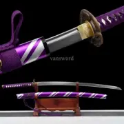 Japanese Katana Folded Steel Brass Tsuba Purple Sword Samurai With BohiFull Tang