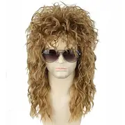 Men or Women 70s 80s Mullet Wig Rock Disco Wigs Long Curly Brown Halloween Costume Wig