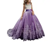 Fancy Flower Girl Dress Long Lace Pageant Puffy Tulle Ball Gown-A1-86#Deep purple