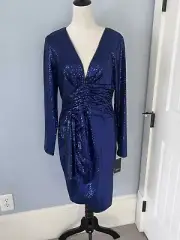 Aidan Mattox NWT $195 Cocktail Dress Metallic Sheath Dot Cobalt Blue Size 14