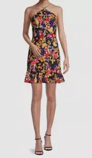 $175 Aidan Mattox Women's Black Abstract-Print Crepe Fit-&-Flare Dress Size 8