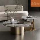 Round Coffee Table Set Luxury Modern Stone Top With Plated Stainless Steal Leg