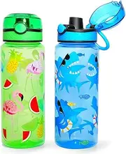 Home Tune 23oz Kids Water Drinking Bottle - BPA Free, Push-Button, Flip Lid, Carry Loop Lightweight, Leak-Proof Water Bottle with Cute Design for Girls & Boys - 2 Pack Shark & Fruit