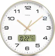 TIMESS Wall Clock, 10" Dial Non-Ticking Silent Battery Operated Analog with LCD Display for Perpetual Calendar and F° Temperature, Ideal Modern Home, Bedroom, Kitchen, Office Decor (Gold)