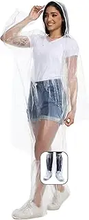 [BATHRINS] Disposable Rain Ponchos For Adults - 3 Emergency Clear Ponchos With Hoods And 3 Pairs Of Waterproof Boot Covers, Clear