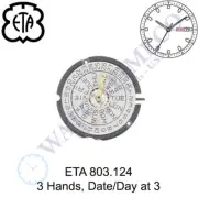 Genuine ETA 803.124 Watch Movement Swiss 3 Hands, Date/Day at 3