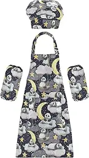 AIXIWAWA Kids Apron Chef Hat Set, Child Kitchen Bib Aprons Adjustable for Cooking Baking Painting (Stars Moon Pandas)