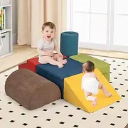 BABY JOY 6-Piece Baby Climb and Crawl Play Set, Kids Indoor Soft Play Foam w/Skin-Friendly Chenille Fabric, 30D High-Density Foam & Carrying Handles, Climbing Blocks for 1-3 Years (Rainbow)