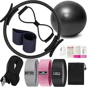 Oylyoyea 8Pcs Yoga Sets for Women Pilates at Home Equipment Pilates Magic Ring Booty Bands for Working Out Glutes Yoga Ball 25cm Figure 8 Resistance Band Yoga Bands for Stretching (Black)
