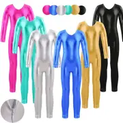 Kids Girls Jumpsuit Shiny Metallic Gymnastics Catsuit Unitards DanceLeotard