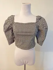 New Topshop sz 8 Cropped Top puff sleeves stretchy black & white blouse 2863