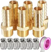 MSAEIQUN Brass Hose Barb Fittings，3/8 NPT to 1/2 inch Barb Fitting, Brass Metals Adapter Connector with Stainless Steel Hose Clamp 6 PCS ，Ideal for Air, Fuel, Gas, Oil (1/2" Barb x 3/8 NPT Male, 6)