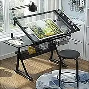 Artists' Drafting Table with Stool, Artist Work Station Drawing Table with 25.6"-35.4" Height Adjustable, 0°-50° Tiltable Draft Desk with Glass Top 2 Drawers, for Reading, Drawing, Writing, Artists