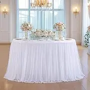 White Round Tablecloth 72 inch Tulle Round Table Skirt 6ft Round Table Cover Fitted Wedding Round Tablecloth Elastic Tulle Ruffle Round Table Cloth for Cake Banquet Baby Bridal Shower Birthday Party