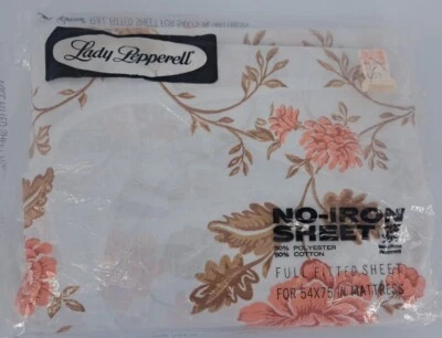 Vintage Lady Pepperell No Iron Retro Peach Brown White Floral Full Fitted Sheet