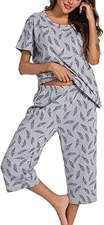 [MIA LUCCE] Women's 2-Piece Pyjamas, Summer Sleepwear, Short Cotton Leisure Suit, Capri Sleepwear Top and 3/4 Trousers, S-XXL, Grey Feather, Small