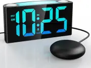 Loud Vibrating Alarm Clock with Bed Shaker - 3 Wake up Modes, RGB Display, 8-Col