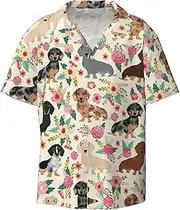[YANYU] Dachshund Floral Print Hawaiian Shirts Men Short Sleeve Button Down Cuban Collar Shirt Summer Beach Days