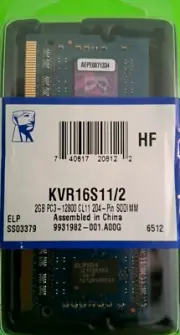 Kingston PC3-12800 2 GB SO-DIMM 1600 MHz DDR3 SDRAM Memory (KVR16S11/2)