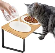 Sunhoo Ceramic Elevated Cat Bowls, Raised Puppy Dishes for Food and Water, Tilted Bamboo Stand for Anti Vomiting, Indoor 5.5 inch Wide Double Dish Orthopedic Anti-Vomiting (Wood Color)