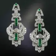14K White Gold FN Lab Created Diamond Emerald At Deco Style Drop/Dangle Earring