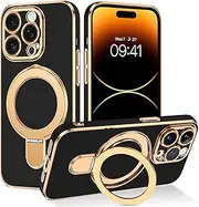 GUAGUA Magnetic for iPhone 14 Pro Case with Ring Stand [Compatible with MagSafe] Metallic Glossy Slim Phone Case iPhone 14 Pro TPU Electroplate Edge Shockproof Protective Cover iPhone 14 Pro, Black