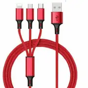 Multi Charger 1.2m Cable 3in1 Fast Charging Nylon USB Universal Type-C Micro Red