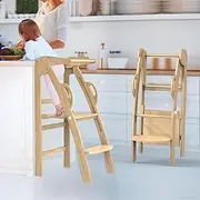 Homodoskey Step Stool, Kids Wooden Foldable Learning Tower, Adjustable Kitchen Helper Stool, Natural Wooden Kids Furniture with Safety Handrail for Kitchen Counter Bathroom