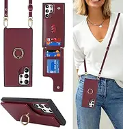 [Lipvina] for Samsung Galaxy S22 Ultra Case with Card Holder and Strap for Women,Crossbody Lanyard,Stand Ring Kickstand,Snap Clasp,Phone Wallet Cases 6.8 inch(Wine Red)
