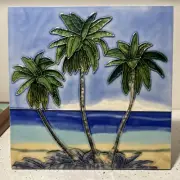Hand Painted Glazed Palm Tree Beach Tile With Easel Back 8” Wide Rare